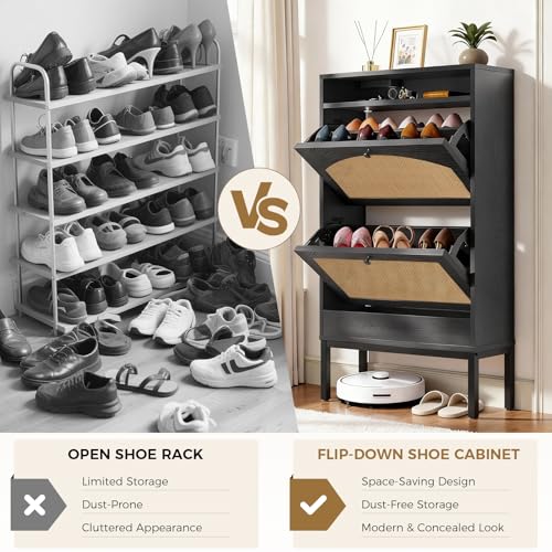 LUCKLIFE Shoe Cabinet with Charging Station, Flip Down Shoe Storage Organizer with Adjustable Shelves, Hidden Slim Shoe Rack with Anti-Tip Kit for Entryway or Hallway, Black Wood