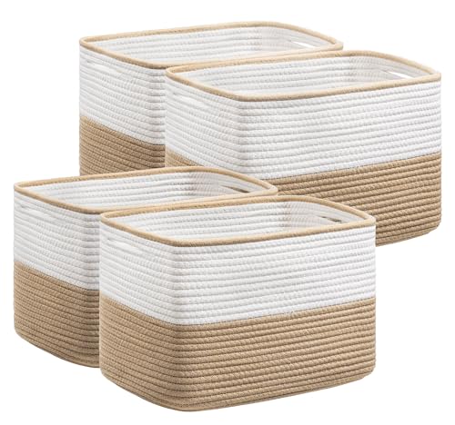 UBBCARE 4 Pack Baskets for Organizing, Woven Storage Baskets for Toys and Towel, Rectangle Cotton Rope Basket with Handles, 14''L x9''W x8''H, Brown - color: White&Brown, size: 4 Pack - 14 X 8 X 9 Inches