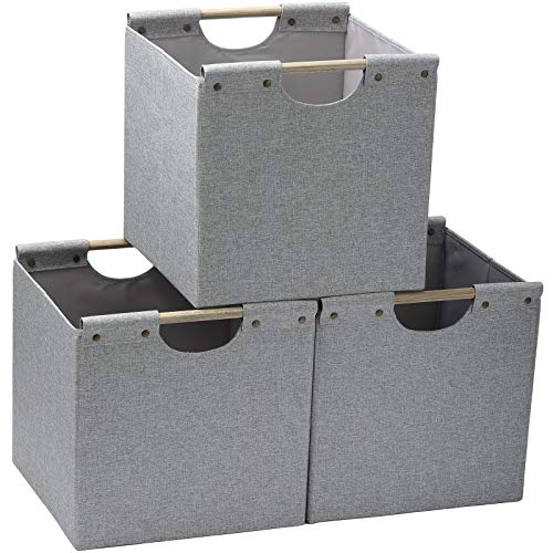 HOONEX Collapsible Storage Bins, 13x13x13in Storage Cubes Linen Fabric, 3 Pack, Storage Baskets with Wooden Carry Handles and Sturdy Heavy Cardboard, for Home, Office, Car, Nursery, Light Grey - color: Light Grey, size: 13" L x 13" W x 13" H
