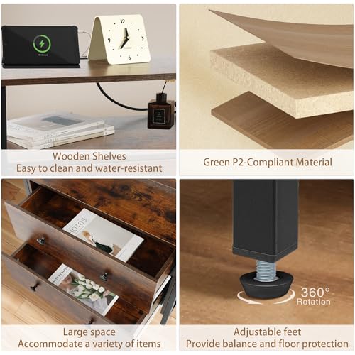 Edbuosy 27 inch Wide Night Stand Set 2 with Charging Station, Bedside Table with Open Shelf, 2 Drawers Small Wood Dresser, Modern Wood Nightstand for Bedroom/Living Room (Retro Brown) - color: 2 Pack, Retro Brown, size: 2 Drawers