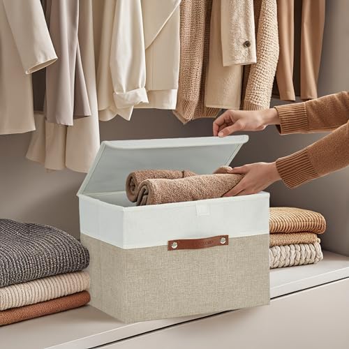 DECOMOMO Fabric Storage Bins with Lid, Storage Baskets for Shelves (Beige and White, 3 Pack) - color: Beige and White, size: Large