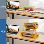 Simple Trending 7 Tier Desk File Organizer, Letter Tray Paper Organizer with Pen Holder and Metal Hanging Basket, Gold - color: Pen Holder Gold