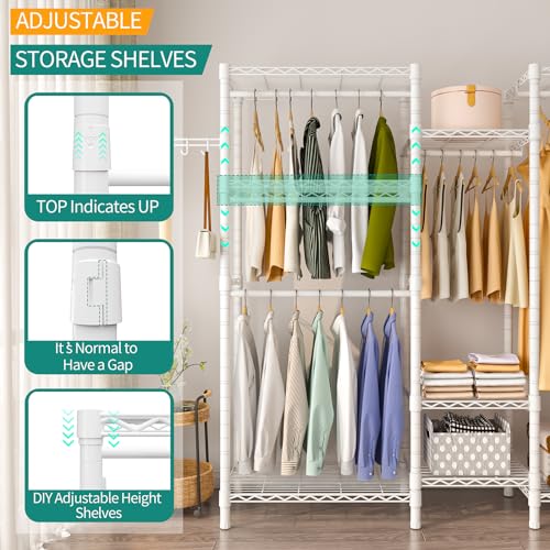 Heavy Duty Garment Rack, Portable Wardrobe Clothes Rack Freestanding Adjustable Clothing Rack with 7 Tiers Adjustable Wire Shelving and 4 Hanger Rods, Max Load 920LBS, White - color: White, size: B3: 5 Tiers with 4 Rods,72.4"L x 15.7"W x 76.8"H