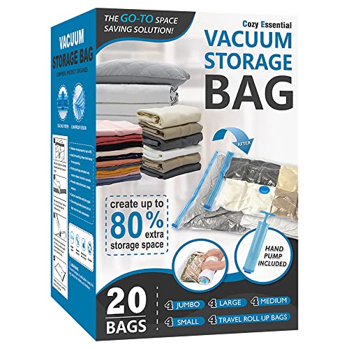 Cozy Essential Vacuum Storage Bags, 80% Compression Vacuum Seal Space Saver Plastic Packaging Bags for Clothes, Blankets, Pillow, Bedding, Comforters, Sealer Clothing Storage,20 Combo - size: Combo