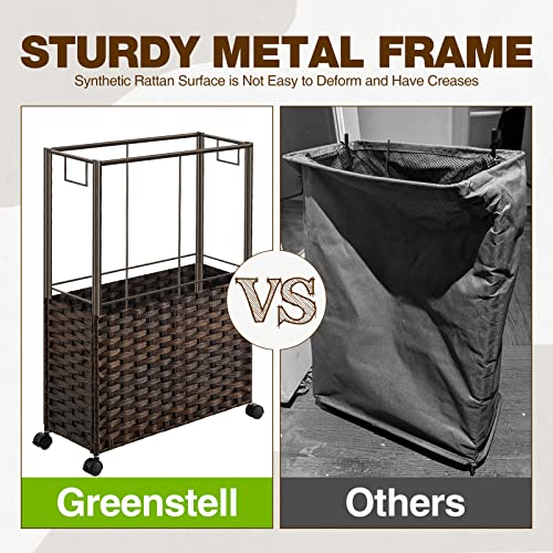 Greenstell Laundry Hamper with Wheels, 17.4 Gallon (66L) Slim Laundry Basket with 2 Removable Liner Bags & 2 Mesh Bags, Narrow Rattan Clothes Hamper for Bedroom, Laundry Room, Bathroom, Brown - color: Brown, size: 66L (19.7 x 7.9 x 27.6 inches)