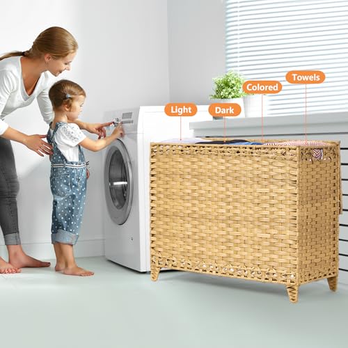 Laundry Hamper with 4 Removable Liner Bags; 176L Handwoven Rattan Laundry Basket with Lid & Heightened Feet; Clothes Hamper with Side Handles - color: Natural, size: 176L-4 Section