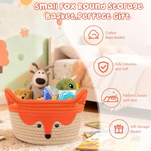Small Storage Basket, Cute Fox Animal Gift Basket for Nursery, Woven Rope Cotton Storage, Soft Baby Towel 0rganizer with Ears Handles, Caddy Blanket Towel Decor Storage Bin, 8.2"D x 4.7"H in - color: Orange, size: 9"D × 5 "H