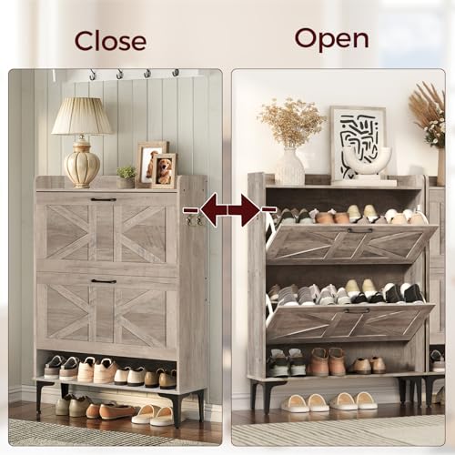 MAHANCRIS Shoe Storage Cabinet, Shoe Organizer with 2 Flip Drawers, Hidden Shoe Storage for Entryway, Freestanding Shoe Cabinet Organizer with Open Storages, Greige SHHG9401 - color: Greige