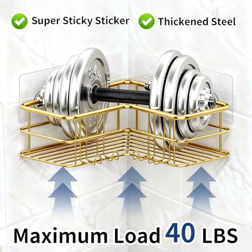 Menbyci 2 Pack Corner Shower Caddy, Adhesive Bathroom Shelf with 8 Hooks, Rustproof Stainless Steel Bathroom Organizer, No Drilling Shower Shelves Basket Wall Storage Rack Shampoo Holder (Gold) - color: Gold, size: 2 packs