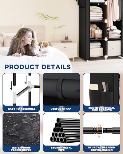 Mavivegue Portable Closet,Wardrobe Closet,Wardrobe,Portable Closets for Hanging Clothes,for Bedroom and Living Room, Black, 2 Rows, 34" W x 18" D x 64" H - color: Black, size: 34"W x 18"D x 64"H