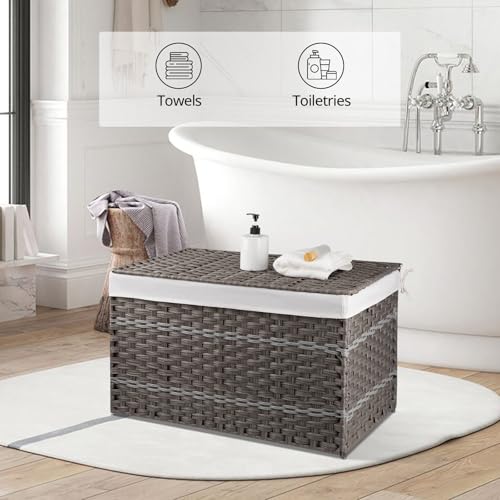 OIAHOMY Storage Basket with Lid, 42.3 Gallon (160L) Blanket Basket with Removable Liner Bag, Synthetic Wicker Hamper with Handle, Foldable, Hamper for Living Room, Grey - color: Grey, size: 160L