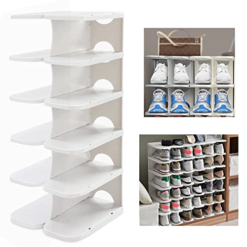 6-Tier Narrow Shoe Organizer, Adjustable Cubby Shoe Rack for Closet, Free Standing Shoe Slot Tower for Entrance, Stackable Space-Saving Shoe Storage Shelf for Entryway, White - color: White