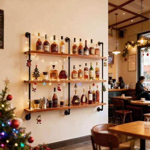 55" Modern Wall Mounted Wine Rack with LED Lights, 3-Tiers Industrial Pipe Liquor Floating Shelves, Rustic Metal Wall Wine Rack for Home, Restaurant, Commercial Bar, Kitchen Storage Display - size: 55inch/140cm