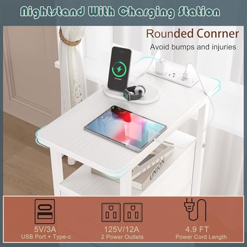 sthmec End Table with Charging Station,LED Side Tables with USB Ports and Outlets,Skinny Bedside Tables with 3 Drawers,Small Tabls Nightstands for Small Space,Slim Sofa Table for Livingroom, White - color: White, size: 7.88'' W*15.75'' D*24.3'' H, style: