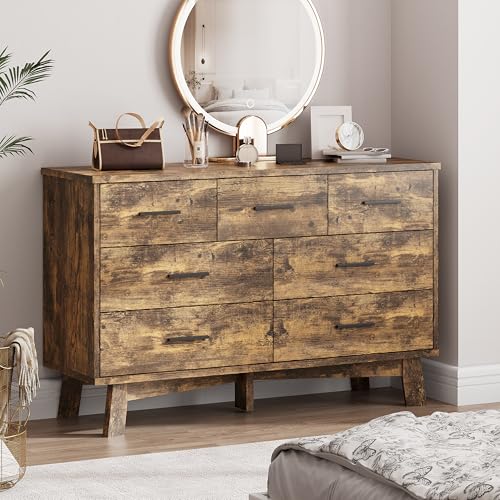 Xixini Dresser for Bedroom with 7 Drawer, Wood Modern Chest of Drawers with X-Shaped Sturdy Base, Wide Double Dresser Closet Clothes Storage Organizer, Wooden TV Stand for Living Room, Hallway, Brown - color: Brown, size: 15.6"D x 47.2"W x 29.5"H (7 Drawe