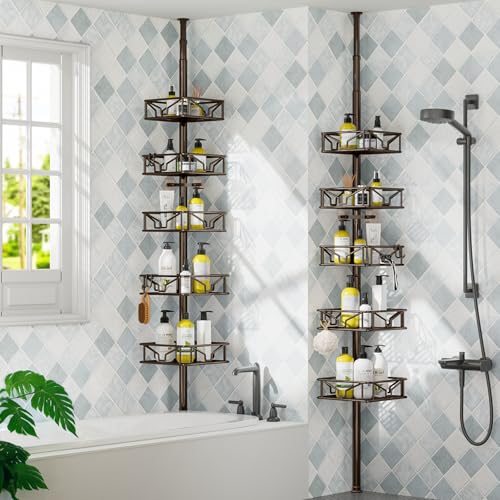 Skycarper 5 Tier Adjustable Corner Shower Caddy Organizer with Hooks,Rustproof Tension Pole 62-116 Inch,Bronze - color: Bronze