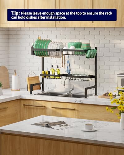 Kitsure Over The Sink Dish Drying Rack - 26.8" to 33.9"x21.5", Adjustable Sink Drying Rack for Kitchen Sink with Large Capacity, 2-Tier Dish Rack Over Sink with Multifunctional Baskets, Black - color: Black, size: Large
