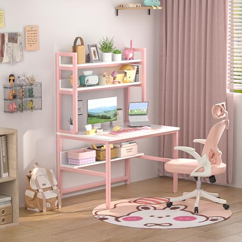 Aquzee Pink Girls Desk Hutch, 47in Woman Computer Desk with Bookshelf & Storage Shelves, Space Saving Girls Writing Study Craft Table for Bedroom Kids Room, White Wood & Pink Iron Home Office Desks - color: Pink, size: 47inch