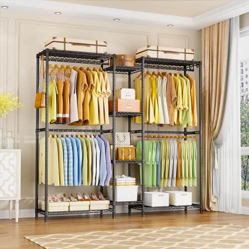 Ulif E4 Clothes Rack, Heavy-Duty Garment Rack, Metal Freestanding Clothing Organization Storage System Can Be L-Shaped with Shelves and Hangers, Max Load 962lbs, 71.6" W x 14.5" D x 79.3" H, Black - color: Black