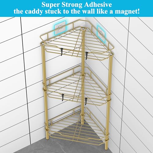 HuggieGems 3 Tier Floor Standing Corner Shower Caddy Organizer Shelf with Hooks, Bathroom Shelves Stand Rack, Gold - color: Gold, size: 3 Tier