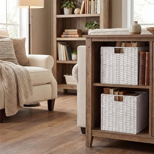 StorageWorks 13 inch Wicker Storage Baskets, Foldable Handwoven Wicker Basket for Organizing, Paper Rope Square Storage Cubes, White, 2 Pack - color: White, size: 13"L x 13"W x 13"H