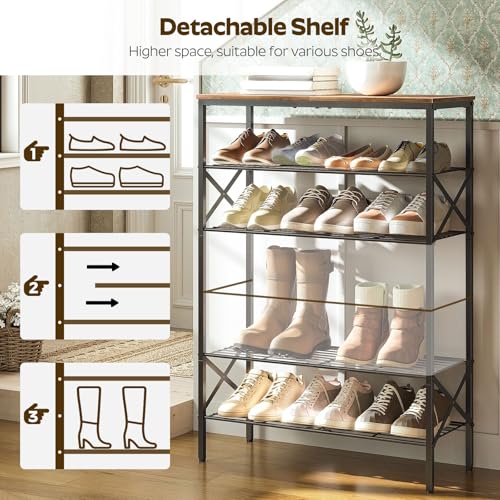 YATINEY 6-Tier Shoe Rack, Shoe Storage Organizer for Closet, Free Standing Shoe Organizer with Metal Mesh Shelves, 24 Pairs of Shoes, Rustic Brown and Black SS06BR - color: Rustic Brown + Black, size: 27.8" x 10.8" x 39.2"