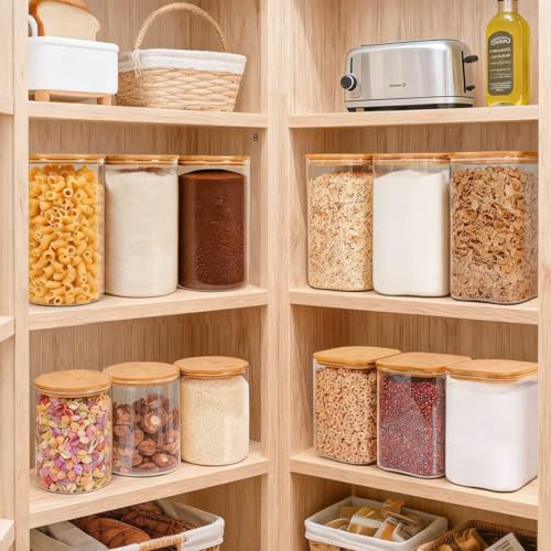 Glass Flour Sugar Storage Containers with Bamboo Lids & Measuring Scoop (1.6Qt/4.6Qt) - Wide Mouth Pantry Storage Containers for Kitchen Counter, Pantry Organization & Baking Essentials 2 pack - size: 2 pack（1.6/4.6 qt）