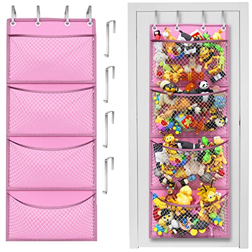 Honeyera Storage for Stuffed Animals - Over Door Organizer for Stuffies, Baby Accessories, and Toy Plush/Easy Installation with Breathable Hanging Storage Pockets Big Girls Chair Toddler Large Bag - color: Pink