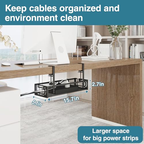 No Drill Under Desk Cable Management Tray, SONATURE 15.7" Cord Organizer for Table, Clamp Mount Desk Cable Management, Premium Carbon Steel Cable Organizer for Office, Home (Black) - color: Black, size: 15.7 inchs