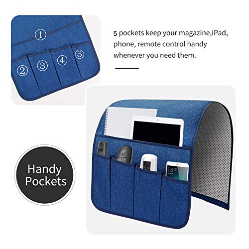 Sofa Armrest Organizer, Remote Control Holder for Recliner Couch, Arm Chair Caddy with 5 Pockets for Magazine, Tablet, Phone, iPad - color: Classic Blue, size: W13'' x L33''