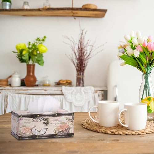 Vintage Tissue Box Cover, Wood Rectangular Tissue Box Holder, Decorative Butterflies Faux Leather Tissue Holders for Table Bathroom Living Room Kitchen Office Car Home Decor, Distressed Pink - size: Medium