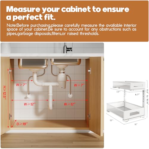 2 Pack 17IN Depth Under Sink Storage Organizer, Large 2-Tier Elegant Mesh Pull Out Shelf for Kitchen and Bathroom Cabinet Organization, L-Shaped and Adjustable Height Design-White - color: White, size: 2 Pack-17"Dx11.4"-16.14"H
