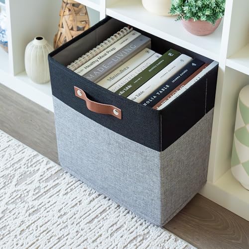 OrganiHaus 13" x 13" x 13" Cube Fabric Storage Bins Set of 4, Fabric Storage Cubes w/ Vegan Handles, 13 inch Collapsible Bins for Clothes & Toy Organizer, 13x13 Basket for Kallax - Grey/Black - color: Gray Base / Black, size: (13x13) Leather Handles