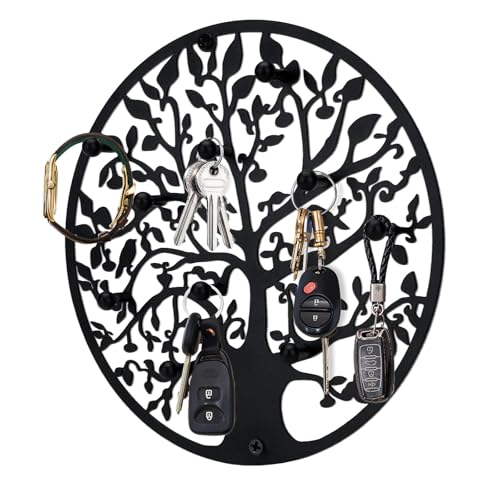 Round Decorative Home Key Holder Wall Mount, Metal Tree Car Key Rack for Wall Organizer for Keys, Wallets, Hats, Used for Decor for House Entryway, Kitchen, Garage, Office (8" Black) - color: 8" Black