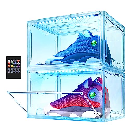 Oltraman Shoe Storage Organizer for Closet, Foldable Shoe Boxes Rack 2 pack, Clear Plastic Stackable Containers Bins Holder, Magnetic Sneaker Shelf for Sneakerheads with LED Lights Clear - color: Clear