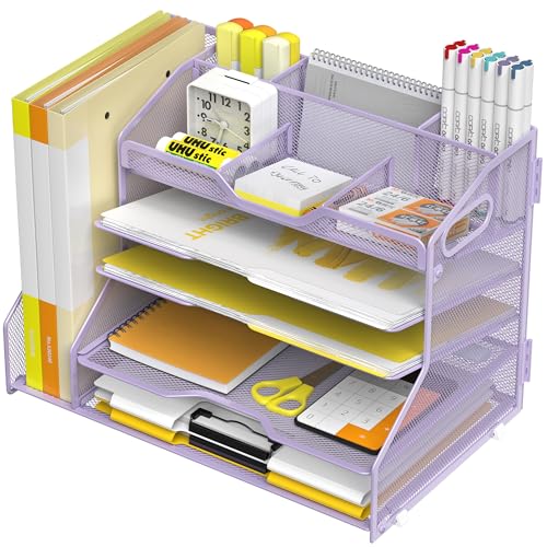 YINGHUA 5 Tier Paper Tray Letter Organizer with Top 6 Adjustable Compartments and File Holder - Paper Sorter Office Desktop Accessories with Handles for Document,Mail,School Supplies Storage,Purple - color: 5 Tier With File Holder-purple
