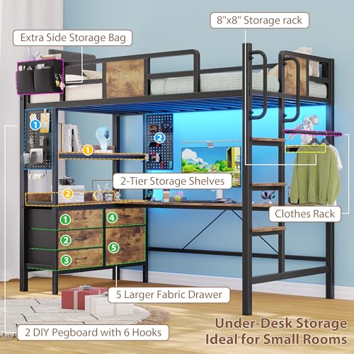 Dnxao Loft Bed Twin Size with L-Shaped Desk,Heavy Duty Metal Loft Bed for Adults Teens, 5 Storage Drawers & LED Lights,Charging Station,No Box Spring Needed, Space Saving for Small Room, Rustic Brown | Clothes Rack - color: Rustic Brown, size: Twin loft b