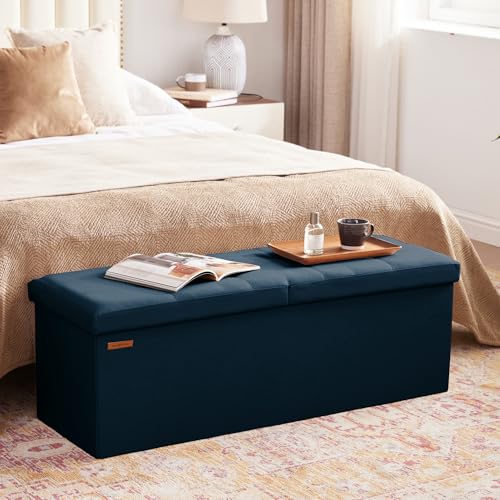 HAUSFRAU Storage Ottoman Bench with Flipping Lid, 43.3 Inches Storage Chest Footsrest, Folding Foot Stool for Entryway, Living Room, Bedroom, Linen Navy Blue - color: Navy Blue, size: 15"D x 43.5"W x 15"H