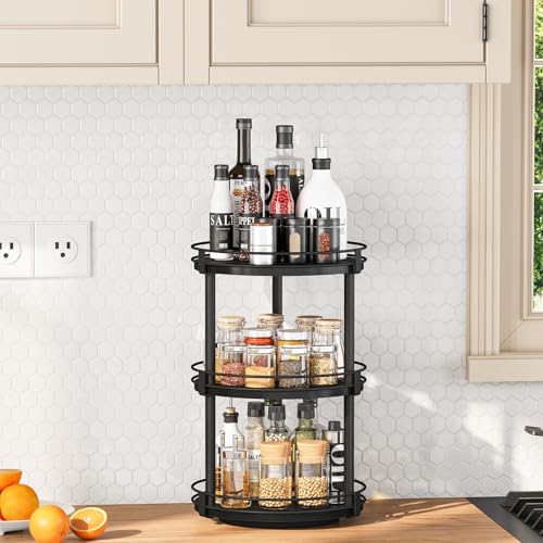 Snughome Lazy Susan Organizer, 3 Tier Rotating Spice Rack for Countertop, Turntable Lazy Susan Kitchen Countertop Organizer, 10.2" x 10.2" x 18.5", Black - color: Black, size: 10.2" x 10.2" x 18.5"