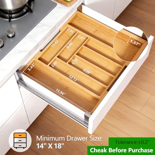 Pipishell Bamboo Expandable Silverware Drawer Organizer, Adjustable Kitchen Utensil Tray for Forks, Spoons and Knives, Wood Storage Cutlery Holder for Bedroom and Living Room - color: Natural, size: Large