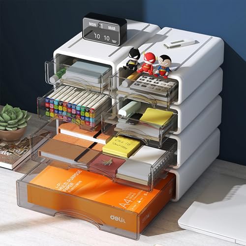 Desk Organizer with Drawers, Stackable Storage Drawers with Compartments Desktop Organization for Office Supplies, Makeup, Pencils, Tape, Erasers, Paperclips, Chargers (4 Pack White) - color: White