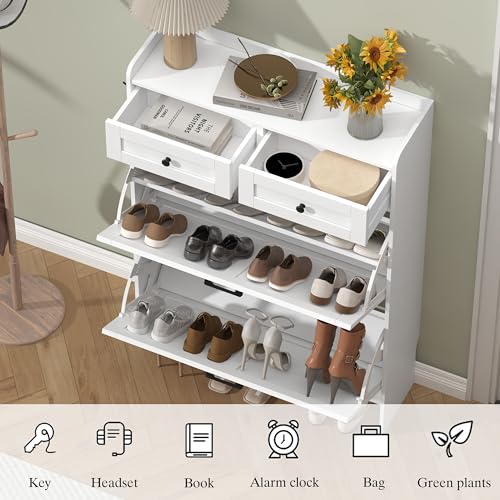 Thacuok Shoe Cabinet with 2 Flip Drawers & 2 Storage Drawers, Rustic Farmhouse Narrow Shoe Organizer Cabinet, Slim Shoe Rack Cabinet, Shoe Storage Cabinet for Entryway, Hallway - color: White, size: 2 Drawers
