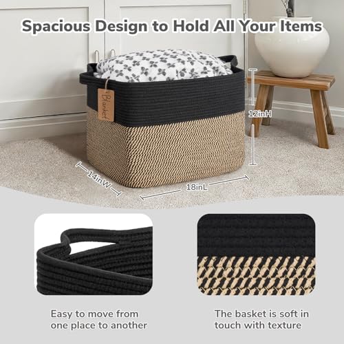 Goodpick Woven Storage Baskets for Organizing, 18" x 14" x 12" Wicker Laundry Basket for Shoes,Towel, Blanket Basket for Living Room, Toy Baskets Storage Kids with Handles - color: Black Jute, size: 18"L x 14"W x 12"H
