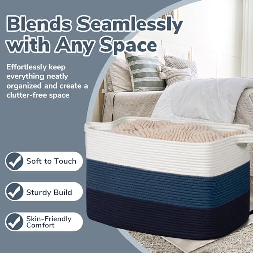 Goodpick 105L Extra Large Woven Basket 25" x 16" x 16" Cotton Rope Storage Baskets for Organizing, Rectangle Blanket Basket Living Room, Toy Storage Baskets for Kids, Blue - color: Light Blue, size: XX-Large(25"L x 16"W x 16"H)