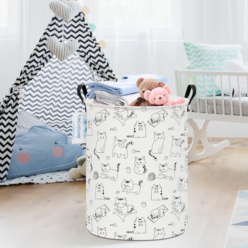 LANGYASHAN Laundry Basket Canvas Fabric Collapsible Organizer Basket for Storage Bin Toy Bins Gift Baskets Bedroom Clothes Children Nursery Hamper (Cat) - color: Round Cat