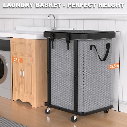 150L (40 Gal) Large Fashion Laundry Basket with Wheels, Leather Patchwork Rolling Hamper Carts, Sturdy Metal Frame, Removable Washable Bag, Tall Clothes Sorter for Bedroom, Laundry Room - Gary - color: Gray, size: 1 Section-150L