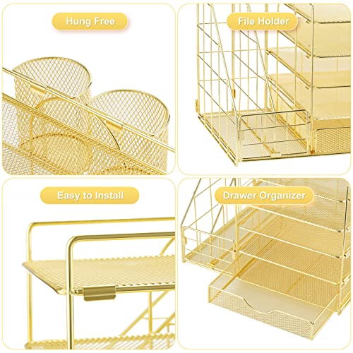 Marbrasse Desk Organizer with File Holder, 5-Tier Paper Letter Tray Organizer with Drawer and 2 Pen Holder, Mesh Desktop Organizer and Storage with Magazine Holder for Office Supplies (Gold 2p) - color: Gold 2p