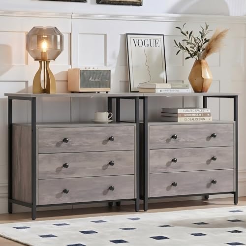 Edbuosy 3 Wooden Drawers Nightstand, 27 Inch Wide Night Stand Set 2 with Charging Station and Adjustable Drawers, Small Dresser for Closet, Bedside Table for Living Room/Bedroom/Office, Gray. - color: 2 Pack, Rustic Gray, size: 3 Drawers
