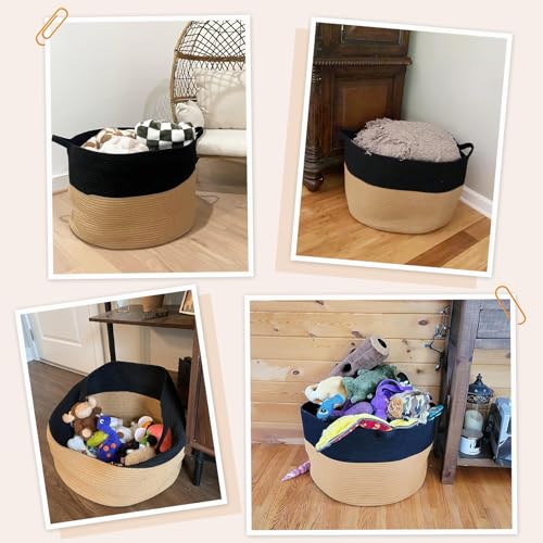 INDRESSME XXXLarge Cotton Rope Basket Woven Baby Laundry Basket Blanket Baskets Toy Baskets with Handle Comforter Cushions Storage Bin Thread Laundry Hamper - 21.7" x 21.7" x 13.8" - color: Black & Camel, size: 21.7"D x 13.8"H