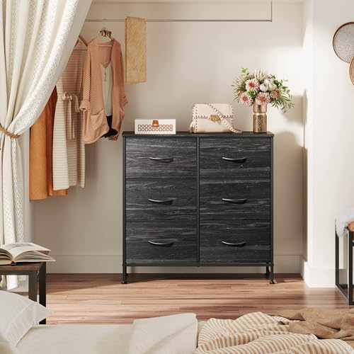 WLIVE Black Dresser for Bedroom, 6 Drawer Dresser, Storage Tower with Fabric Bins, Chest of Drawers for Closet, Living Room, Hallway - color: Charcoal Black Wood Grain Print